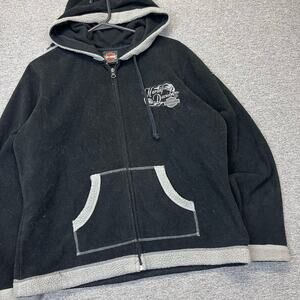 Vintage y2k 2000s black gray fuzzy fleece Harley Davidson women’s zip up Hoodie